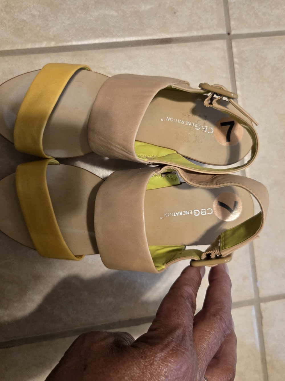 BCBG Nude and Yellow Two-Band Ankle Strap Sandals